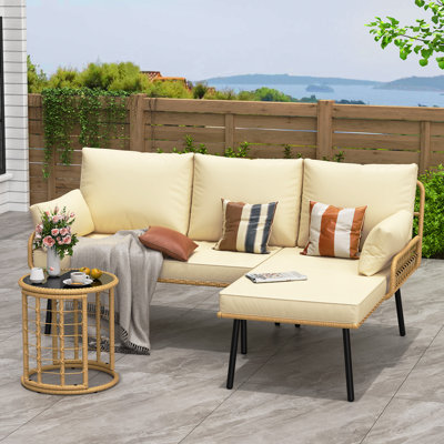 Ensemble de meubles de patio en rotin 3 pièces, canapé modulaire d'extérieur en osier en forme de L avec coussins et table basse en verre, ensemble de conversation toutes saisons pour cour et terrasse
