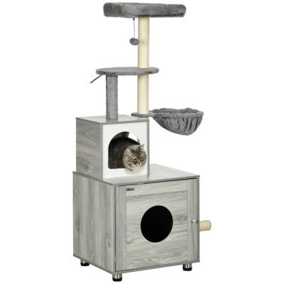 2‑in‑1 Enclosed Cat Litter Box Cat Tree with House, Bed & Scratching Posts, Grey