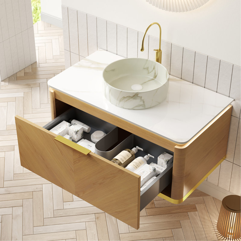 Meuble-lavabo flottant 36 po avec tiroir, lavabo en céramique blanche à motif de pierre et comptoir fritté, pré-assemblé, chêne, éclairage à DEL à détection automatique, contreplaqué haute performance multi-couches assemblé
