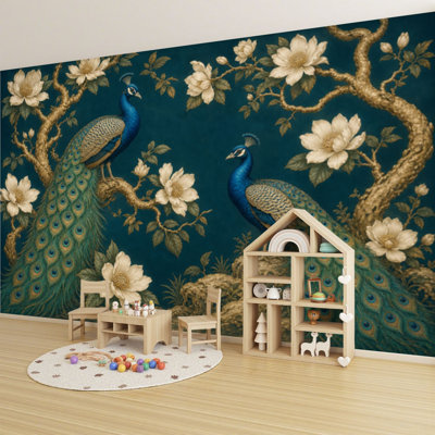 Peel and Stick Wallpaper 69" L x 96" W Modern Self Adhesive Wall Mural for Bedroom - With Chinoiserie Peacocks Flowers Trees Print