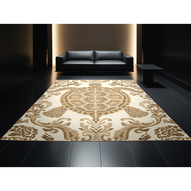 Machine Washable Pavnesh Tortoise Classic Damask Rug in Beige – Beige Binding, 5x7