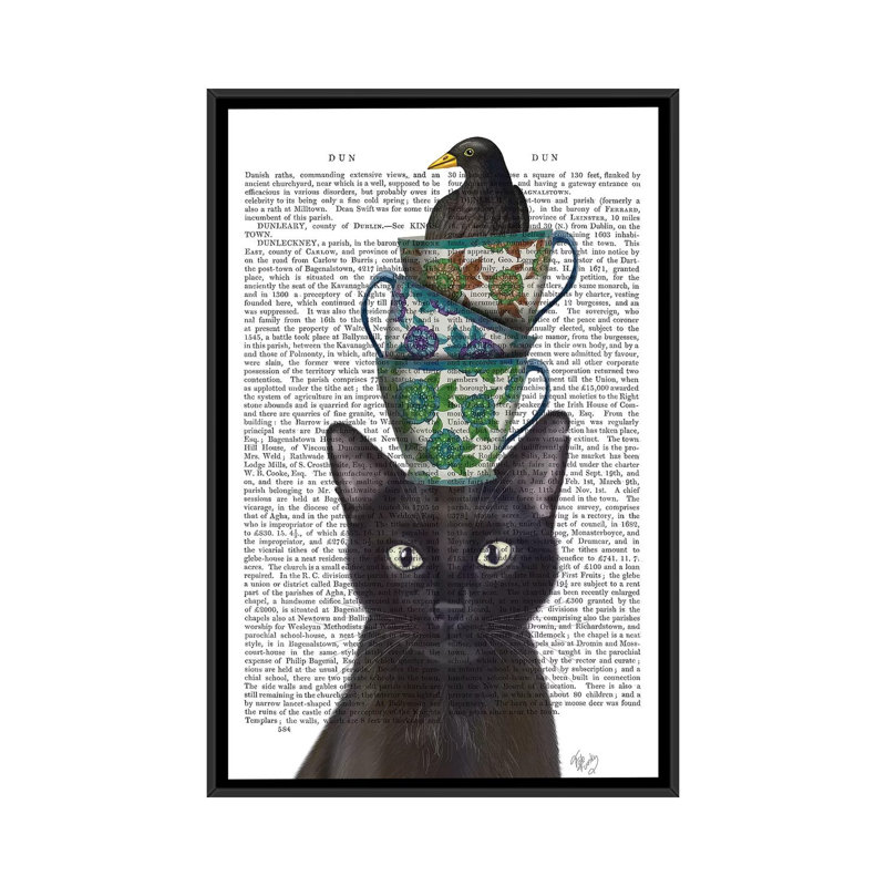 «Black Cat with Teacups and Blackbird I», impression sur toile, H 26 po x l 18 po x P 1,5 po, Toile avec cadre noir