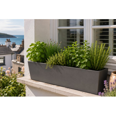 Isla Trough Planter Pot, Concrete Effect Pot, Indoor and Outdoor Large Plant Pot with Drainage Hole
