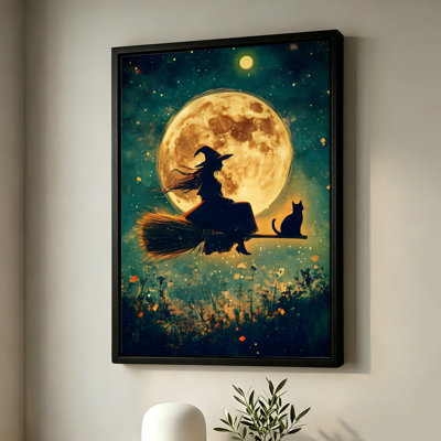 Sorcière d'Halloween volant sur un balai avec son chat noir, tableau sur toile encadré, cadre beige, 40 x 60 cm