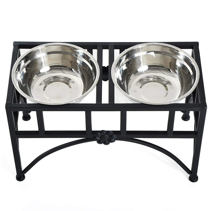 Elevated Double Stainless Steel Pet Feeding Station with Iron Frame