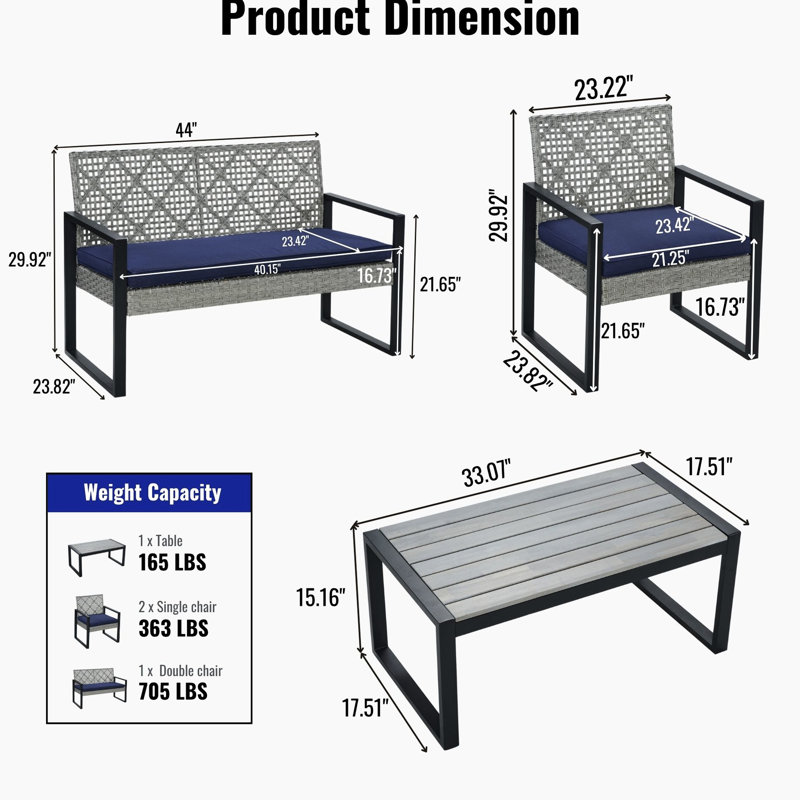 4 - Piece Gray Patio Furniture With Blue Cushions And Wood Table, Weather Frame, Water Cushions, For Porch Garden Lawn Outdoor , , Ideal