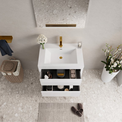 Meuble-lavabo mural 30 po avec lavabo, meuble de rangement flottant avec comptoir en résine de pierre et tiroirs à fermeture en douceur
