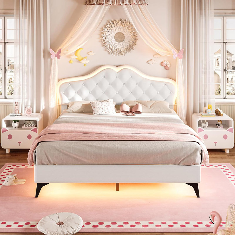 Princess Style Velvet Upholstered Scalloped Platform Bed, Full, Beige