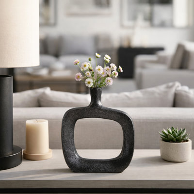Modern Square Metal Bud Vase With Open Cut Out For Home Decor - Tall Flower Vase For Coffee Table, Mantel Accent, Or Shelf Decor - 8", Black