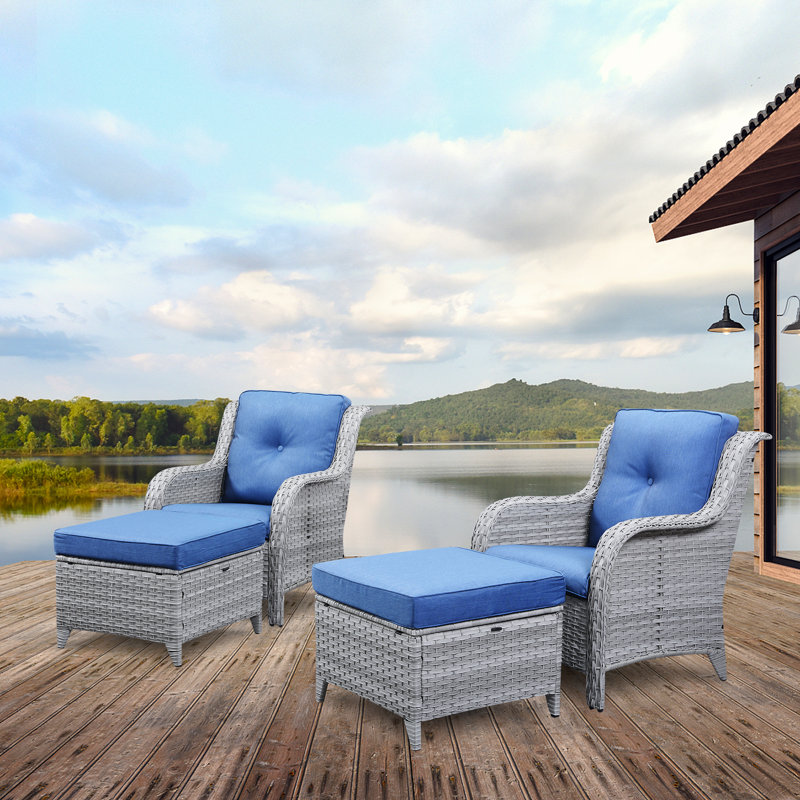 Deb Wicker Patio Chairs with Cushions, Light Gray/Navy Blue