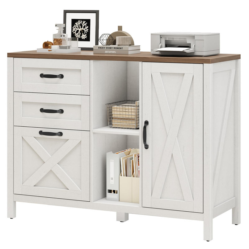 Lateral File Cabinet With 3 Drawers And Door, White/Brown