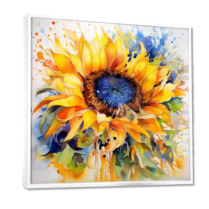 Jaune, bleu, doré, tournesols joyeux - art mural floral, Blanc, Reproduction avec cadre flottant, 44" H x 44" W