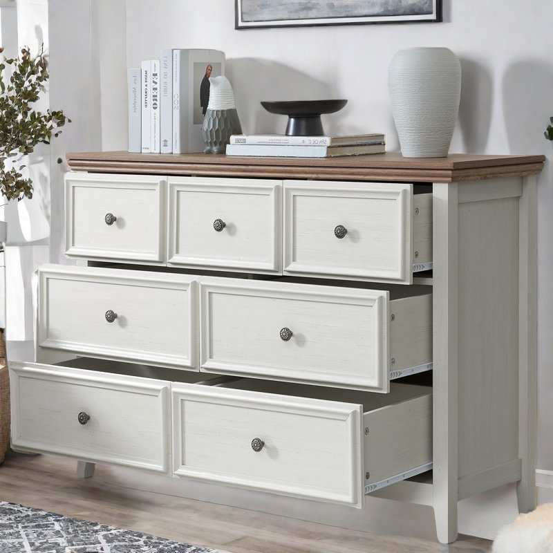 Jevonne  Dresser With 7 Drawers, Metal Handles And Wood Grain Surface, Beige/Brown