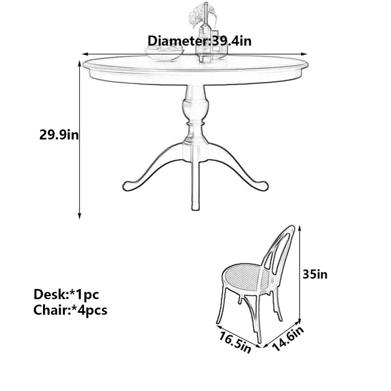 Table de salle à manger Retro American-French, H 29,9 po x l 39,4 po x P 39,4 po, 5 pièces: table, 4 chaises