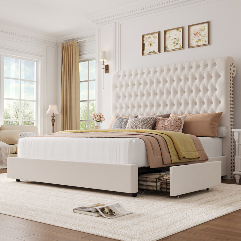 Ensemble de chambre à coucher 3 pièces, lit de rangement avec tête de lit en flanelle capitonnée, 2 tables de chevet avec 4 tiroirs