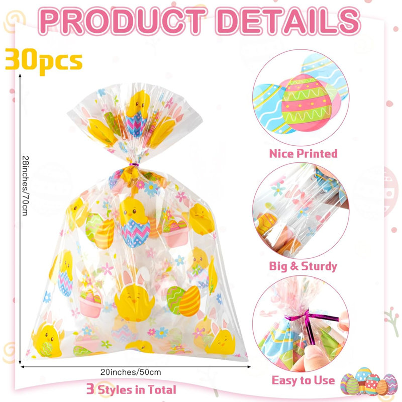 30 grands sacs de paniers-cadeaux de Pâques en cellophane en vrac 19,7 po x 27,6 po