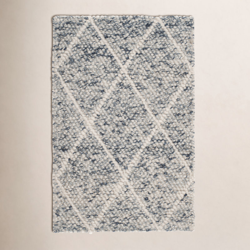 Russo Hand Woven Wool/Cotton Geometric Rug in Ivory/Blue, Rectangle 8' x 10'
