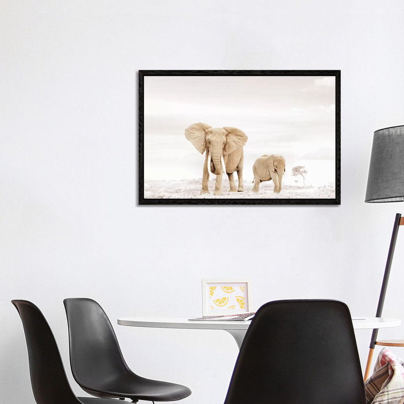 White Elephant Mom & Baby by Klaus Tiedge - Print on Canvas, 101.6 cm H x 66.04 cm W, Black Framed