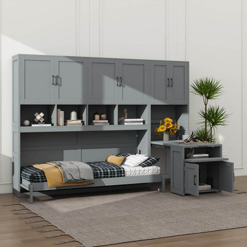 Lit escamotable simple de faible encombrement avec garde-robe, tiroirs et poste de travail intégrés