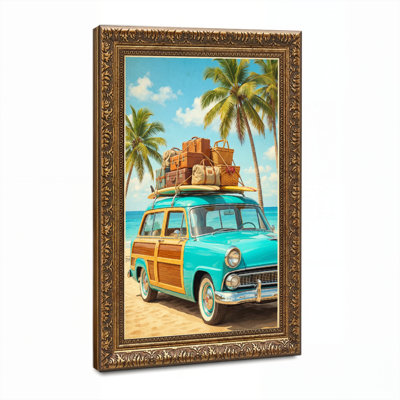 Art mural en toile noyer doré encadré pour salon, chambre à coucher, bureau ou vestibule - décoration murale décorative avec voiture ancienne