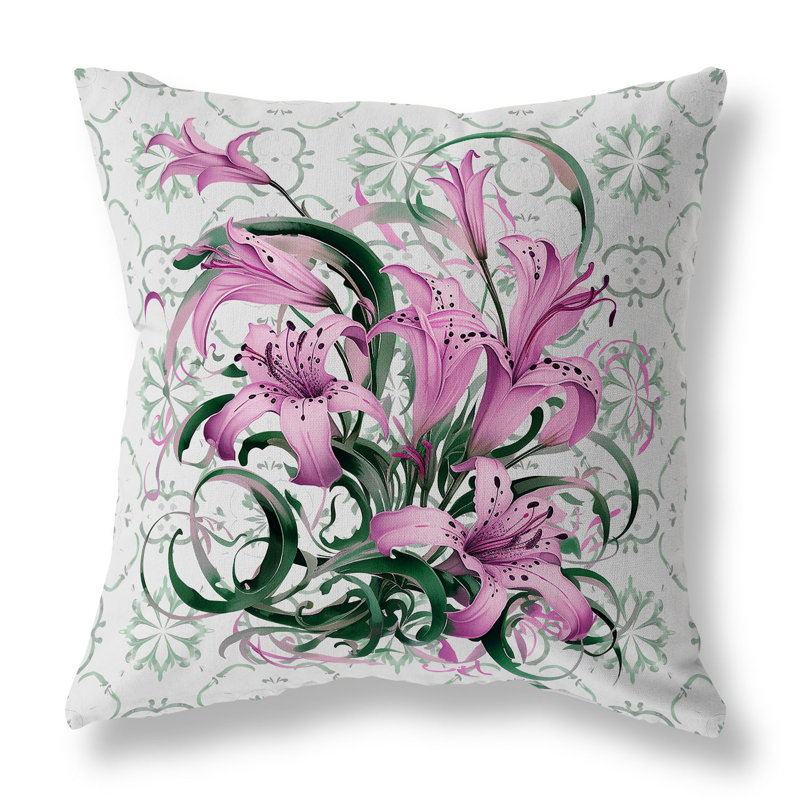Coussin décoratif intérieur / extérieur Lily Legends, H 16 po x l 16 po, Brun / vert / floral rose