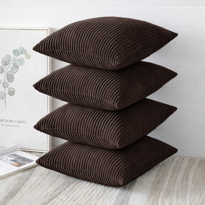 Striped Square Scatter Crushed Velvet Cushion Cover (Set of 4), Coffee