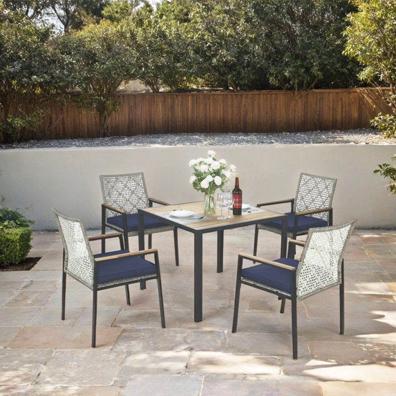 Ensemble de table de salle à manger 5 pièces avec trou pour parasol pour jardin, cour et pelouse, Bleu, Gris clair