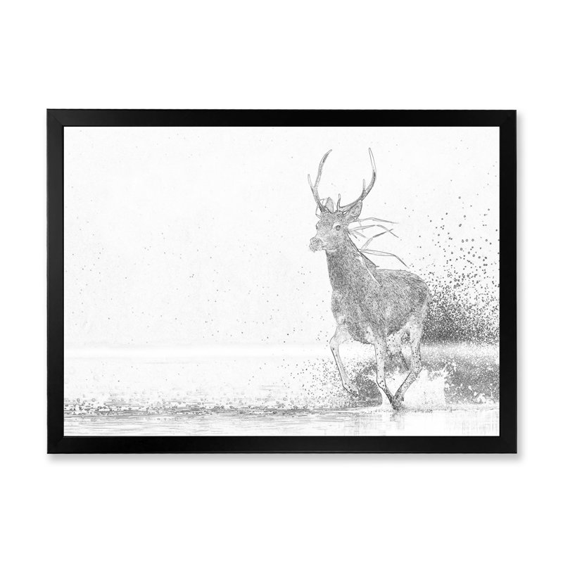 Cerf noir et blanc croquis - reproduction de cadre flottant sur toile, Cadre photo noir, H 8 po x l 12 po x P 1 po