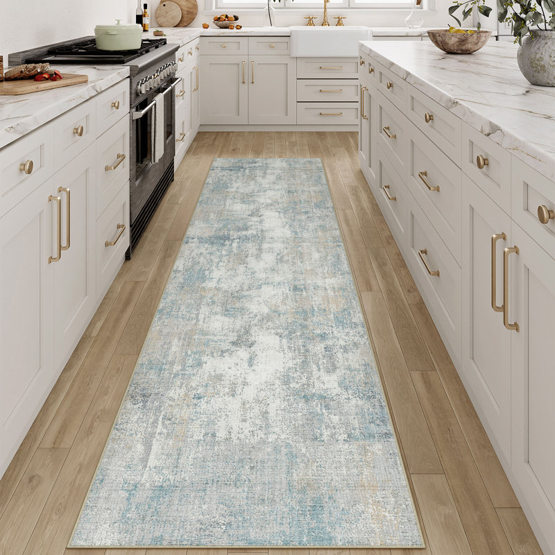 Tapis moderne lavable abstrait bleu, Bleu, Tapis de couloir 2 pi x 8 pi