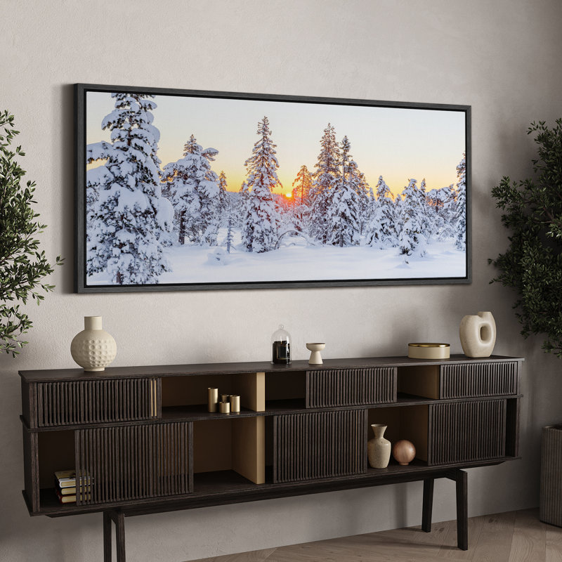 «Nature Landscape Winter Wonderland At Sunset Snow Trees Landscape», reproduction d'art sur toile, H 30 po x l 60 po, Black