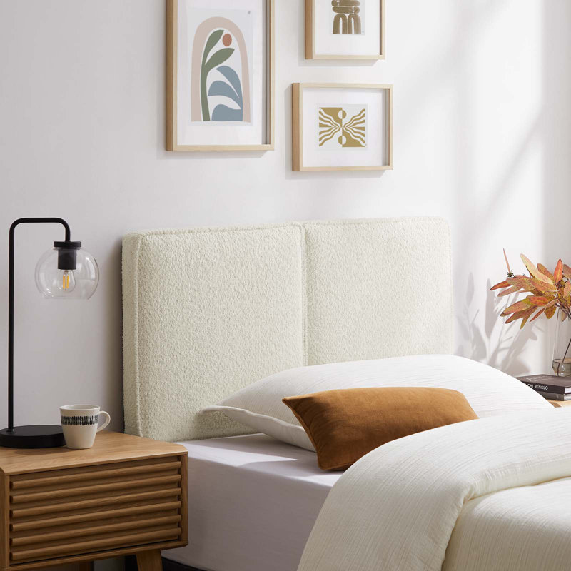 Cream Boucle Upholstered Twin Headboard with Wood Legs