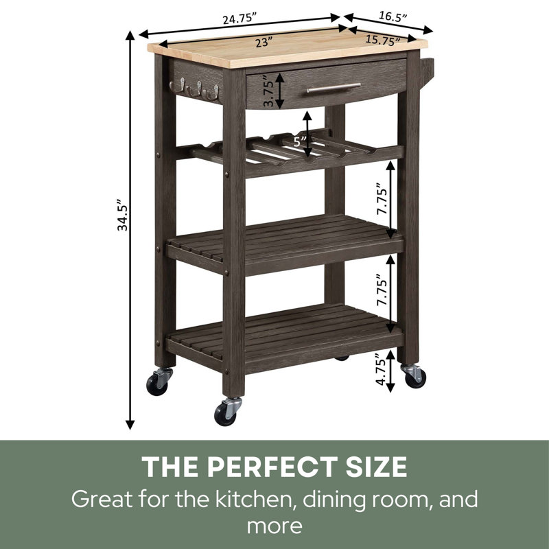 Michelle 4 Tier Butcher Block Kitchen Cart with Drawer and Wine Rack, Wirebrush Dark Gray