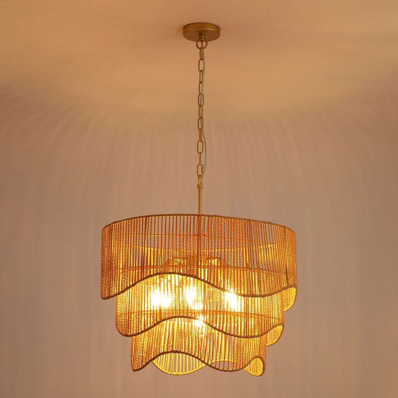 24 in. Boswel 7-Light Retro Style 3-Tier Rattan Gold Pendant Light for Kitchen Island with no bulbs included