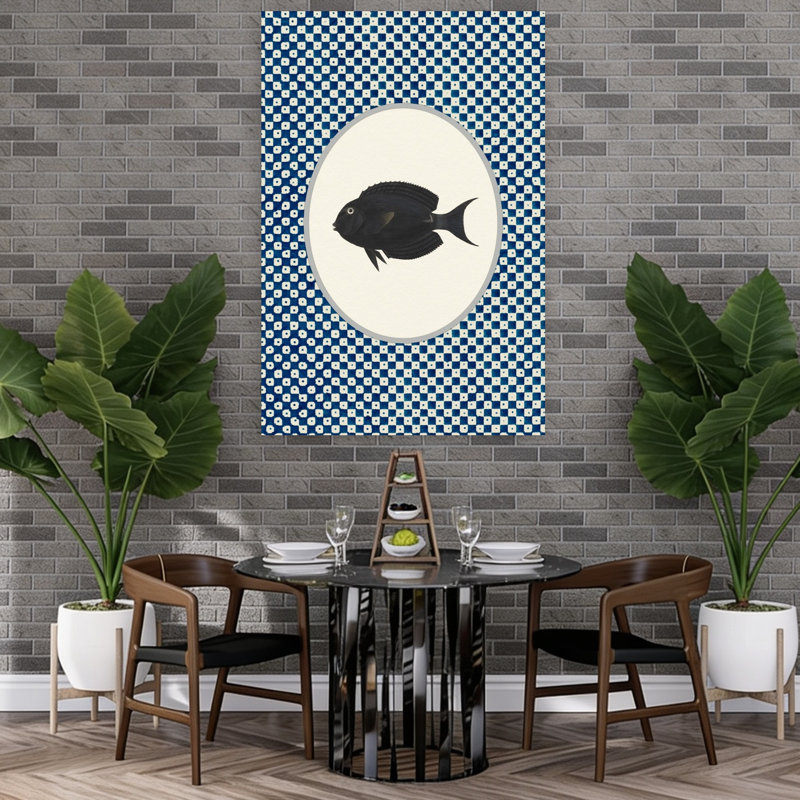Impression sur bois foncé, motif indigo, poisson traditionnel, nature, océan, 60" H x 40" W
