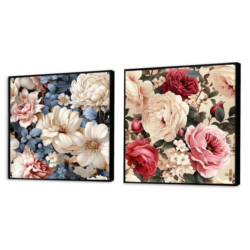 Ensemble de 2 collages floraux rétro à motif floral III, Cadre flottant noir, H 16 po x l 33 po