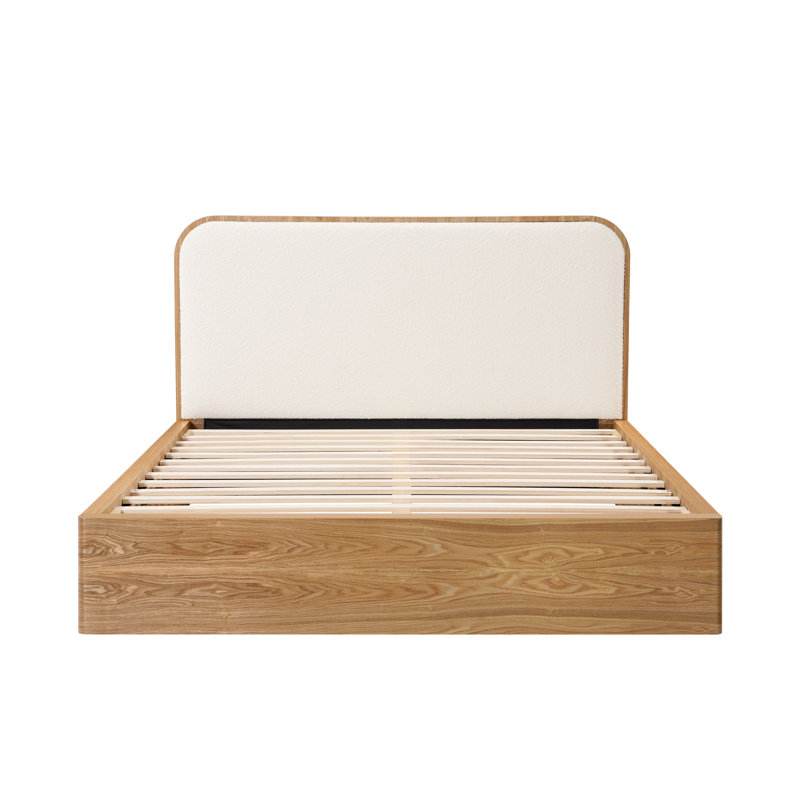 Baxtor King Curved Wood Bed With Boucle Upholstery, King, Natural