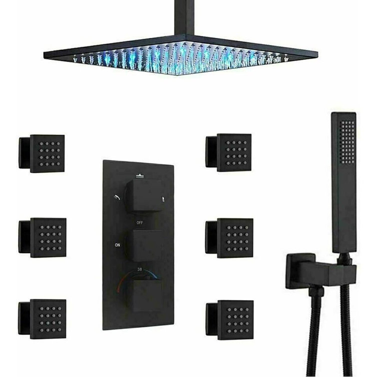 8 in  Matte Black Thermostatic LED Shower Faucet Combo Set Massage Rainfall Head System