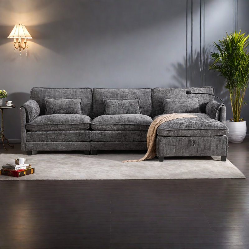 Oversized Sectional Sofa Cloud Couch For Living Room, Modern Chenille L Shaped Couch, Comfy Boucle Modular Sofa Sleeper With Movable Storage Ottoman, Phone Holder, USB Charging Port