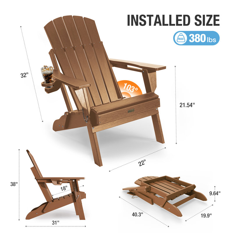 Nimitz All Weather Outdoor Folding HDPE Plastic Adirondack Chair With Cup Holder Fire Pit Chairs Oversized Patio Chair, Teak