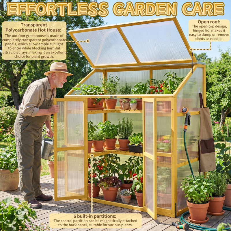 Wooden Cold Frame Greenhouse, Garden Solid Wood Greenhouse Cabinet with Transparent Flip-Top Roof, Raised Flower Plants Shelf Protection for Outdoor Indoor