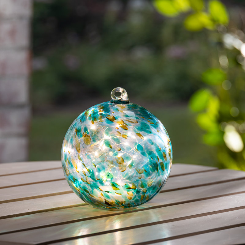 Sphère de 5,75 pouces en verre soufflé à la main illuminée et illuminée verte - Artisan moucheté émeraude avec minuterie automatique