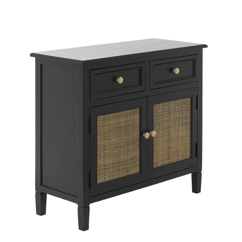 Anaye Wood Handmade 2 Drawers and 2 Door Black Cabinet with Rattan Front
