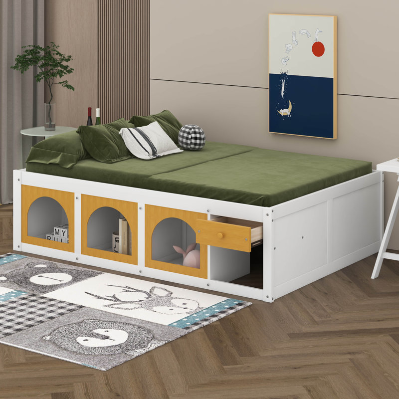 Lit plateforme en bois avec bibliothèque, vitrine et tiroir de rangement, lit de rangement multifonctionnel, Grand lit