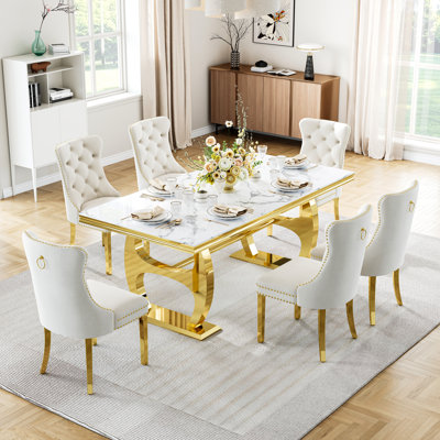 69" Faux Marble Dining Set Of 7, Stainless Steel H-Frame Table & Velvet Tufted Seating With Ring Pulls
