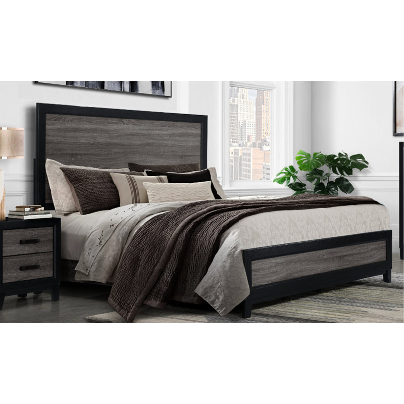 Queen Sized Bed In Two-tone Black And Grey, & Solid Wood, Grey Wood Inlay, 82.3 In. D, 62.21 W, 59.71 H, 82.45 Lb Black, Assembled Using Rustic Wt