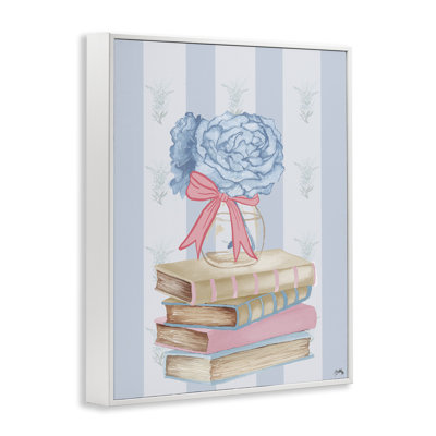 Livres empilés et hortensias bleus, estampe numérique, conception par Elizabeth Medley