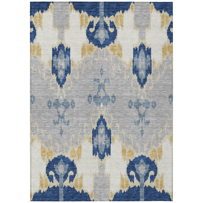 Tapis d'intérieur / extérieur lavable en ikat ivoire et gris 10 pi x 14 pi bleu marine