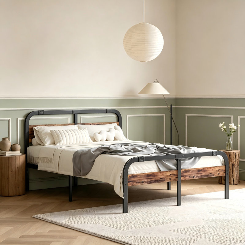 Base de lit plateforme très grand 14 po avec tête de lit en bois massif, aucun sommier nécessaire, base de lit en métal compatible avec tous les matelas, assemblage facile