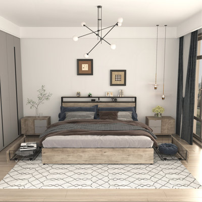 Full Bed Frame, Storage Headboard With Charging Station, Solid And Stable, Noise Free, No Box Spring Needed, Easy Assembly
