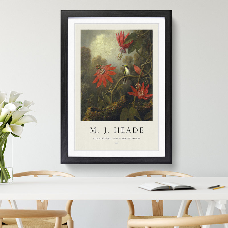Hummingbird and Flowers by Martin Johnson Heade - Picture Frame Painting, 36cm H x 27cm W x 2cm D, Black Framed